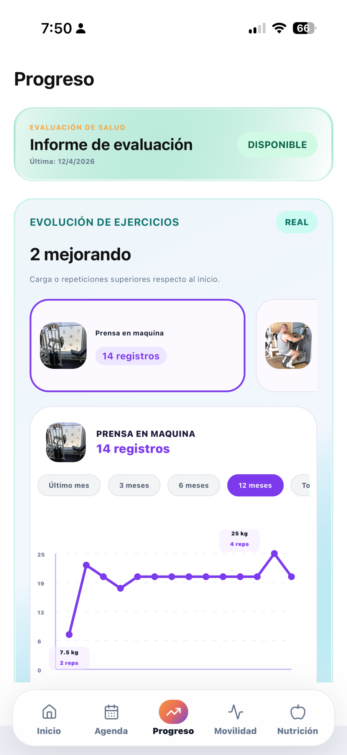 Pantalla de progreso y evolución de ejercicios en MYON